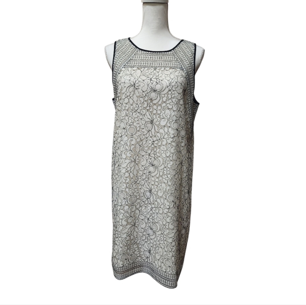 Loft Cream Sleeveless Shift Sheath Dress with Black Lace Overlay Classic Size 12 - Picture 2 of 12